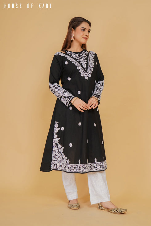 ADA in Cotton Chikankari Long Kurta Black